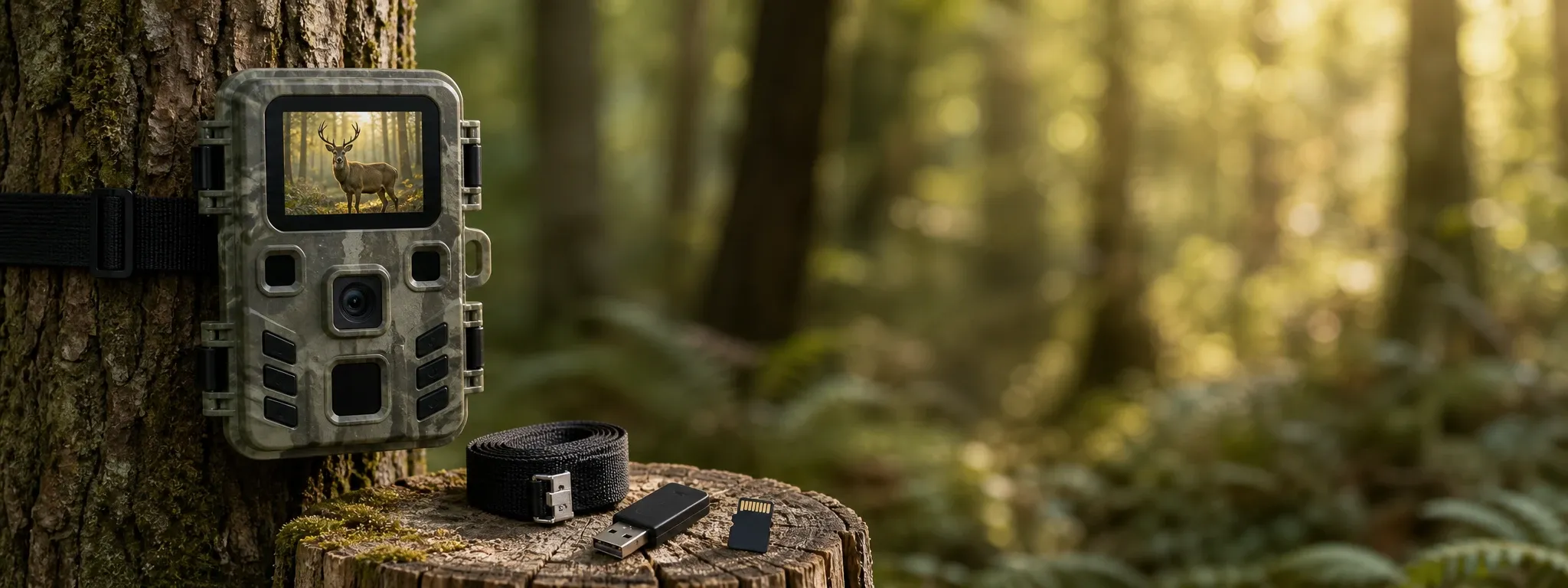 Compact camouflaged trail camera strapped to a tree trunk in a British woodland setting, showing a deer on its screen, with a USB stick, memory card, and strap placed on a mossy tree stump nearby.