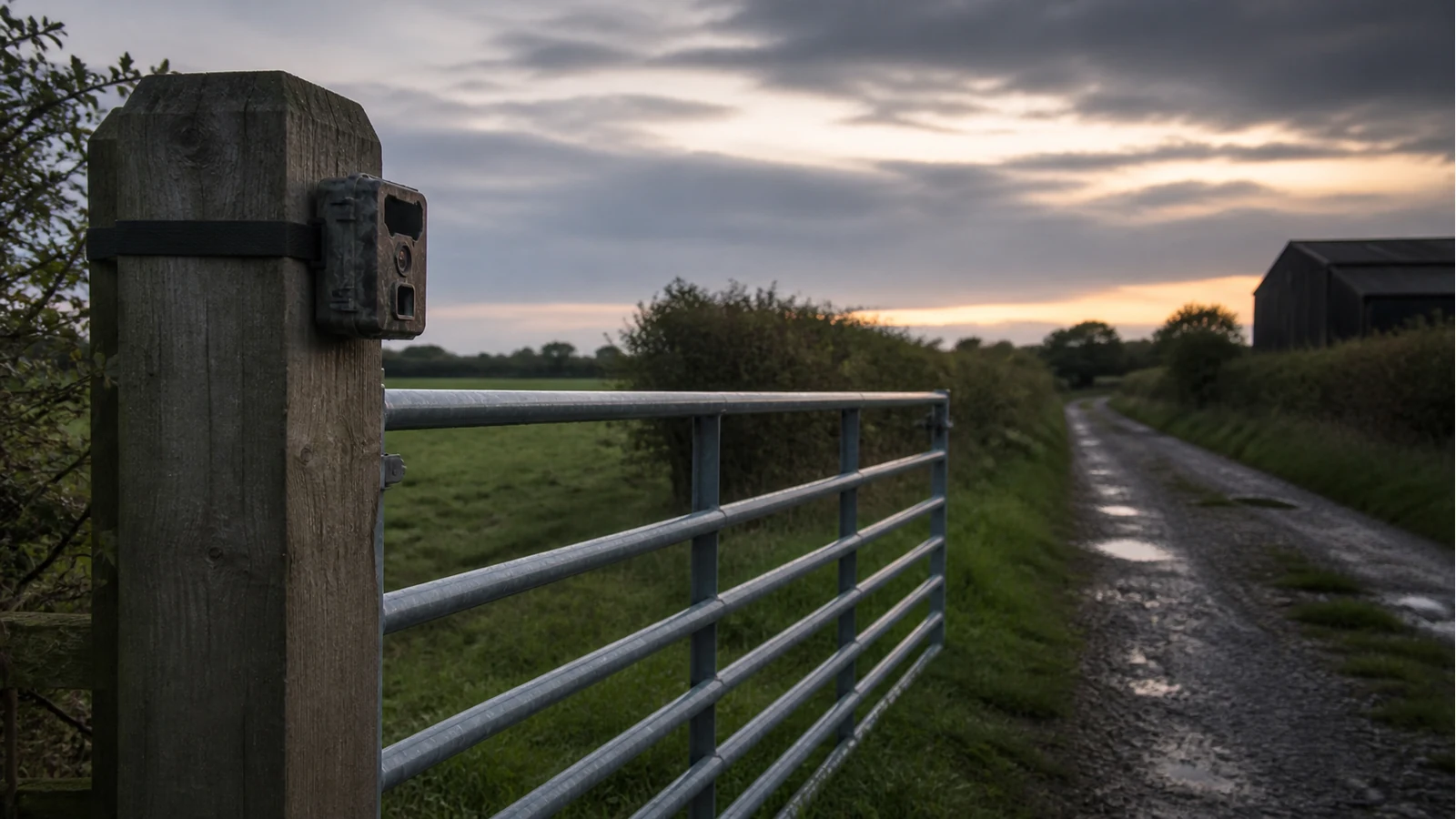 Discreet trail camera mounted on a UK farm gate post at dusk