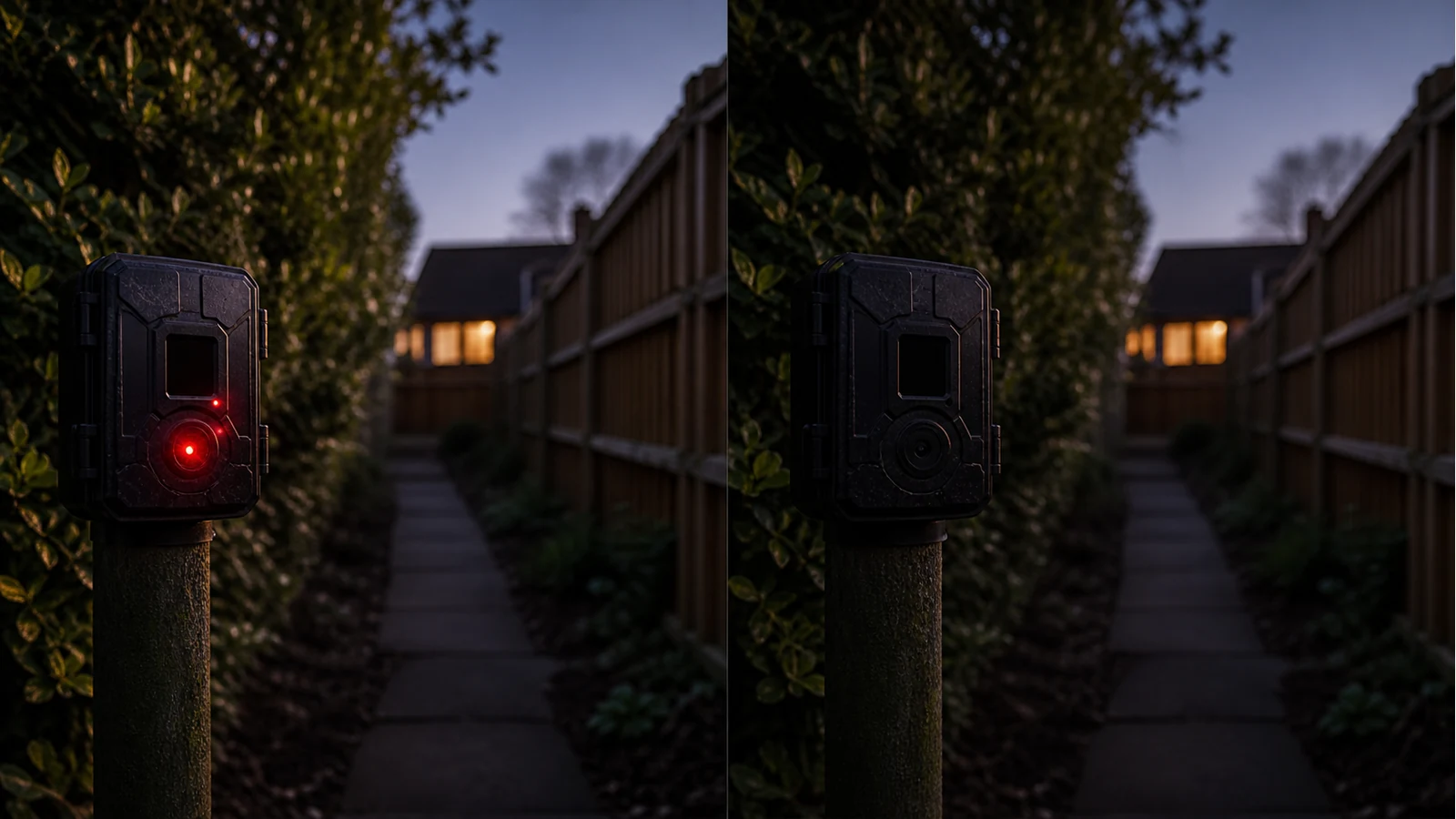 Conceptual comparison of low-glow and no-glow trail camera night presence