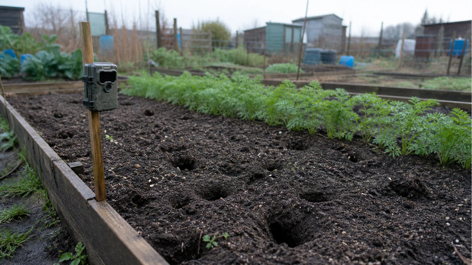 Trail camera watching an allotment bed with overnight digging signs